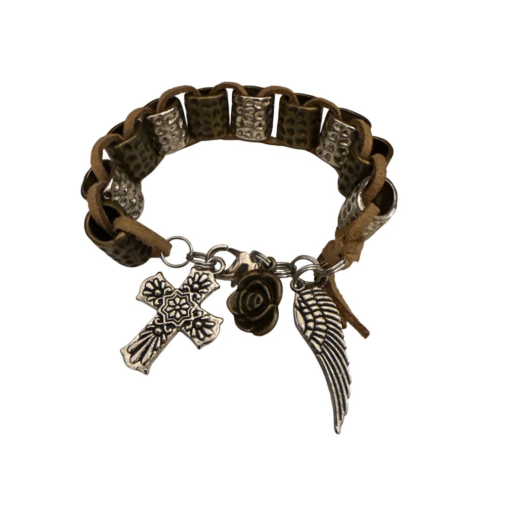 Leather Wrap Bracelet Cross Feather Charms Silver Tone Boho Western‎ 7.5"